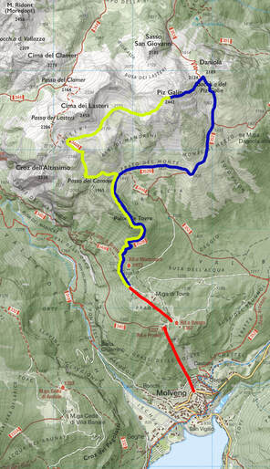 Mappa del percorso che dal rifugio La Montanara sale verso il Piz Galin